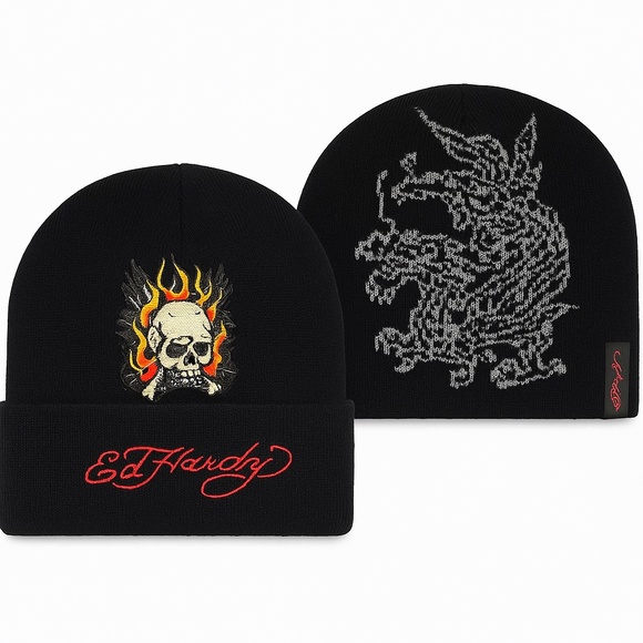 Ed Hardy Skull & Dragon Beanie Set 2-Pack Knit Black Embroidered Logo Hat NWT - Picture 1 of 5